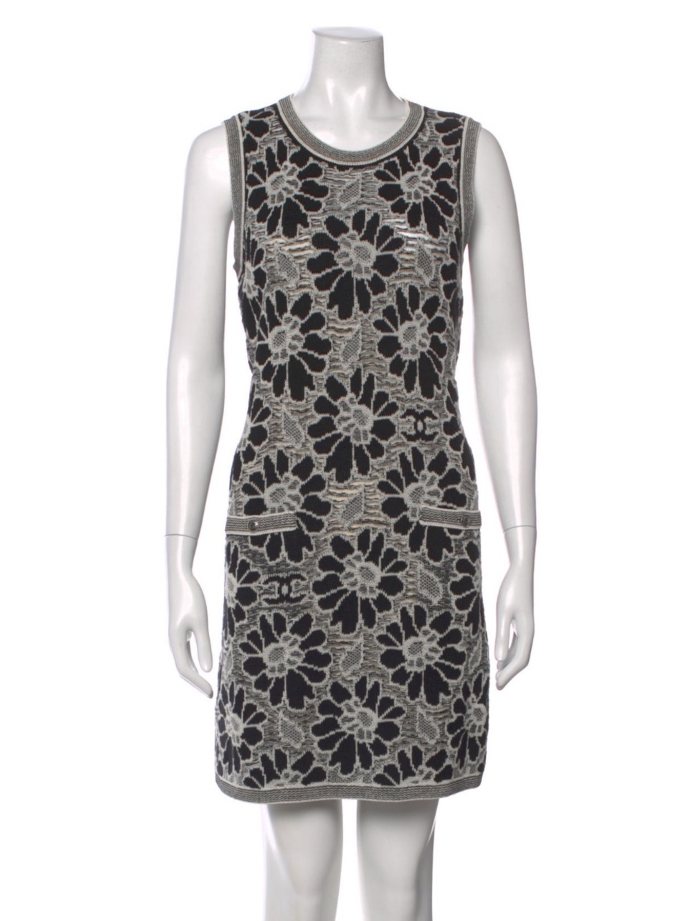 CHANEL Black and Gray Floral Knit Sleeveless Mini Dress Size 40